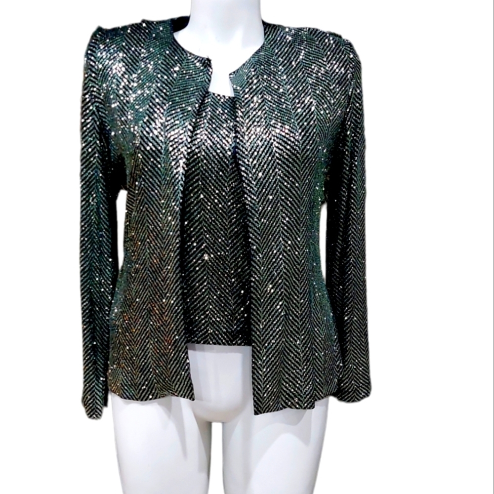 Xscape by Joanne Chen Sz L Women's 2 Piece Cardigan Set Green Glitter Chevron
